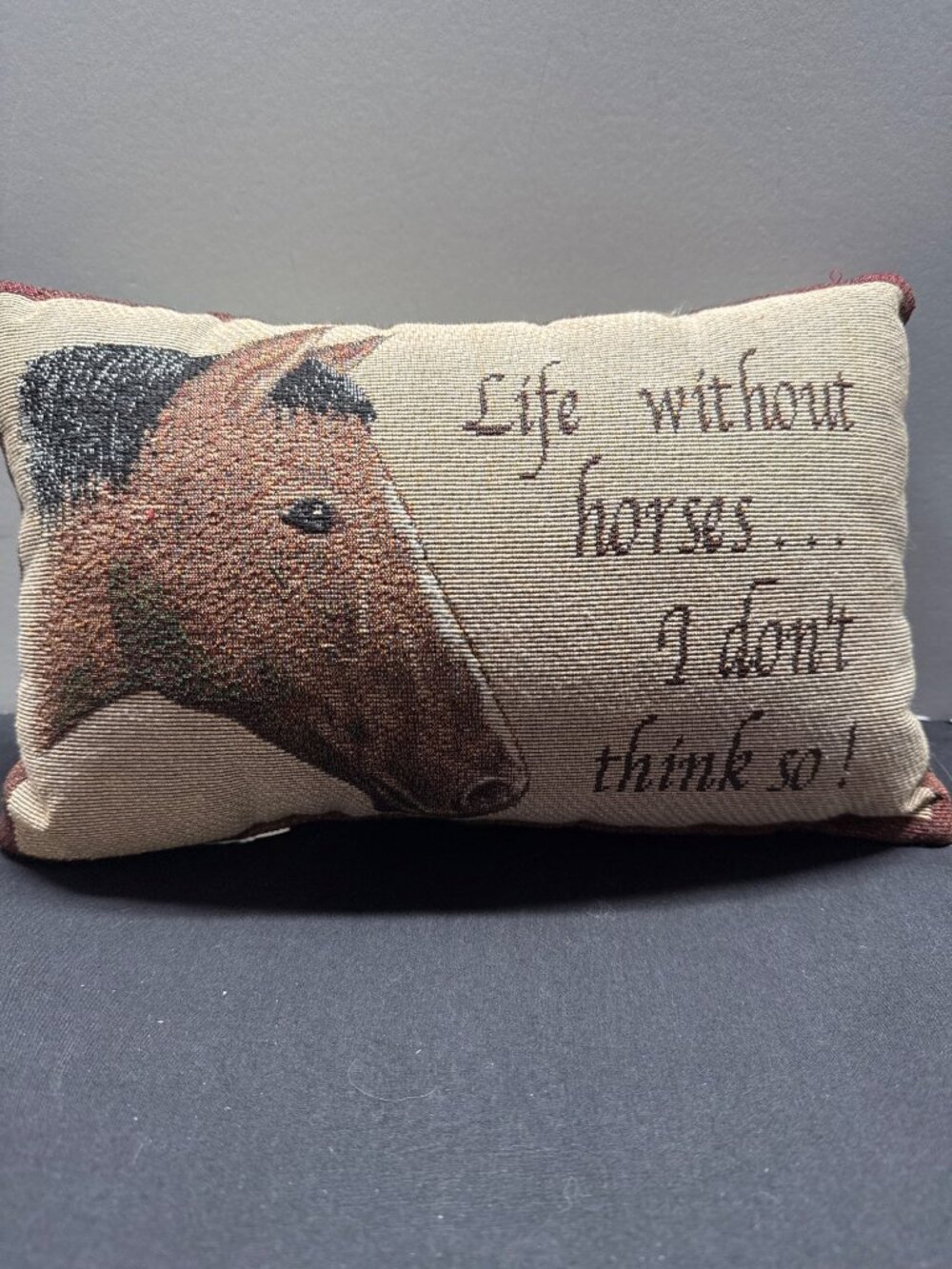 Life Without Horses Decorative Throw Pillow - Horse Design - 12" x 8" - Beige &